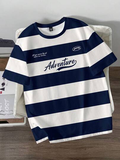 Manfinity Joysei Retro amerikansk collegestil kontrastränder digitaltryck casual ung avslappnad passform rund hals kortärmad t-shirt för män, lämplig för dejter, sammankomster, oumbärlig outfit, lämplig för par, familjematchning, perfekt present till pojkvän