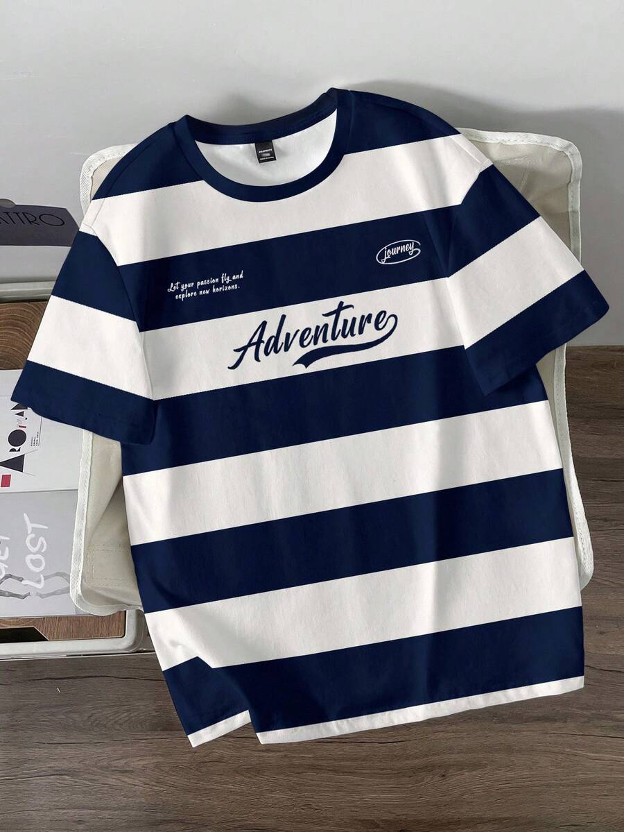 Manfinity Joysei Áo thun nam cổ tròn tay ngắn dáng rộng thoải mái, họa tiết sọc tương phản, phong cách sinh viên Mỹ cổ điển, thích hợp cho hẹn hò, tụ họp, là trang phục thiết yếu, phù hợp cho cặp đôi, gia đình, món quà tuyệt vời cho bạn trai. - Xanh và trắng - Xem 1