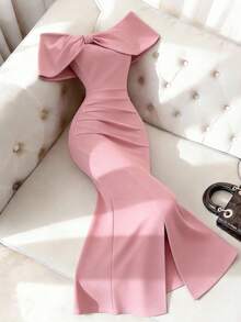 Franclia Đầm maxi nữ mùa hè thanh lịch, trễ vai, xẻ tà cao, xếp ly gợi cảm, hở vai, đầm dài dự tiệc ngày Valentine, đầm ôm sát màu đỏ, trễ vai thắt nơ, đầm xẻ tà sang trọng, phong cách tối giản, mùa hè, kỳ nghỉ, tiệc tùng, đi biển, công sở, trang phục thường ngày đa năng - Màu Hồng baby - Xem 4