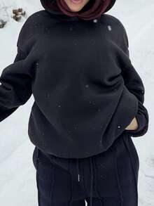 Abrilcols 女式休闲简约印花连帽长袖宽松厚款运动衫，春秋季 - 黑色 - 查看 4