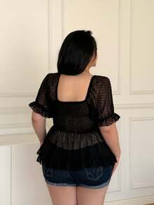 Vibekara New French Vacation, Elegant Party Princess Chiffon Textured Polka Dot Ruffle Sweetheart Neck Puff Sleeve Blouse Women, Cinched Waist Slim Fit Ruffle Hem Top - Black - View 2