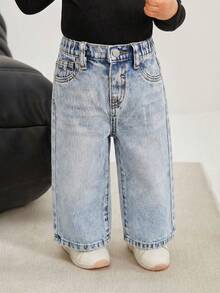 SHEIN Quần jean ống đứng dáng rộng màu xanh cổ điển cho bé gái - Rửa nhẹ - Xem 7
