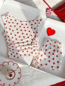 SHEIN EZwear Valentine 2pcs/Set Plus Size Heart Print Asymmetric Neck Top And Shorts Casual Set, Spring/Summer - Red and White - View 2