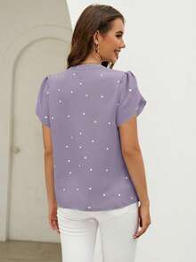 SHEIN Clasi 春季爱心印花花瓣袖V领夏季沙滩女式衬衫 - 淺灰紫 - 查看 2