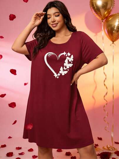 Enliva Plus Red Heart-Shaped Printed Long Dress, Valentine's Day,Friendly To Round Body Curves, For Apple Rounded Body Shape