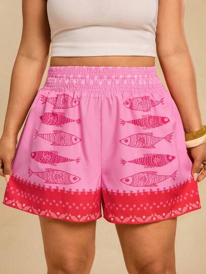 Travachic شورت كاجوال مقاس كبير للعطلات مطبوع بنقشة السمك ذو خصر مطاطي متباين الألوان