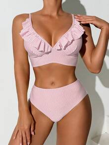 SHEIN Swim 条纹印花荷叶边吊带泳衣 - 粉色 - 查看 3