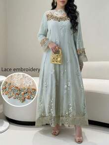 Al Najma New Romantic Elegant Lace Trim Sophisticated Graceful Party Dress - Green - View 2