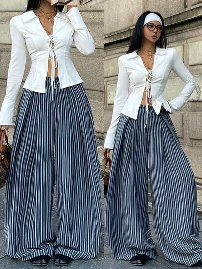 Coolane Women's Spring/Summer Streetwear Holiday Casual Vintage  Boho Beach Outfits Preppy Y2K Chic Blue Striped Comfortable Baggy  Curved Hem Pants