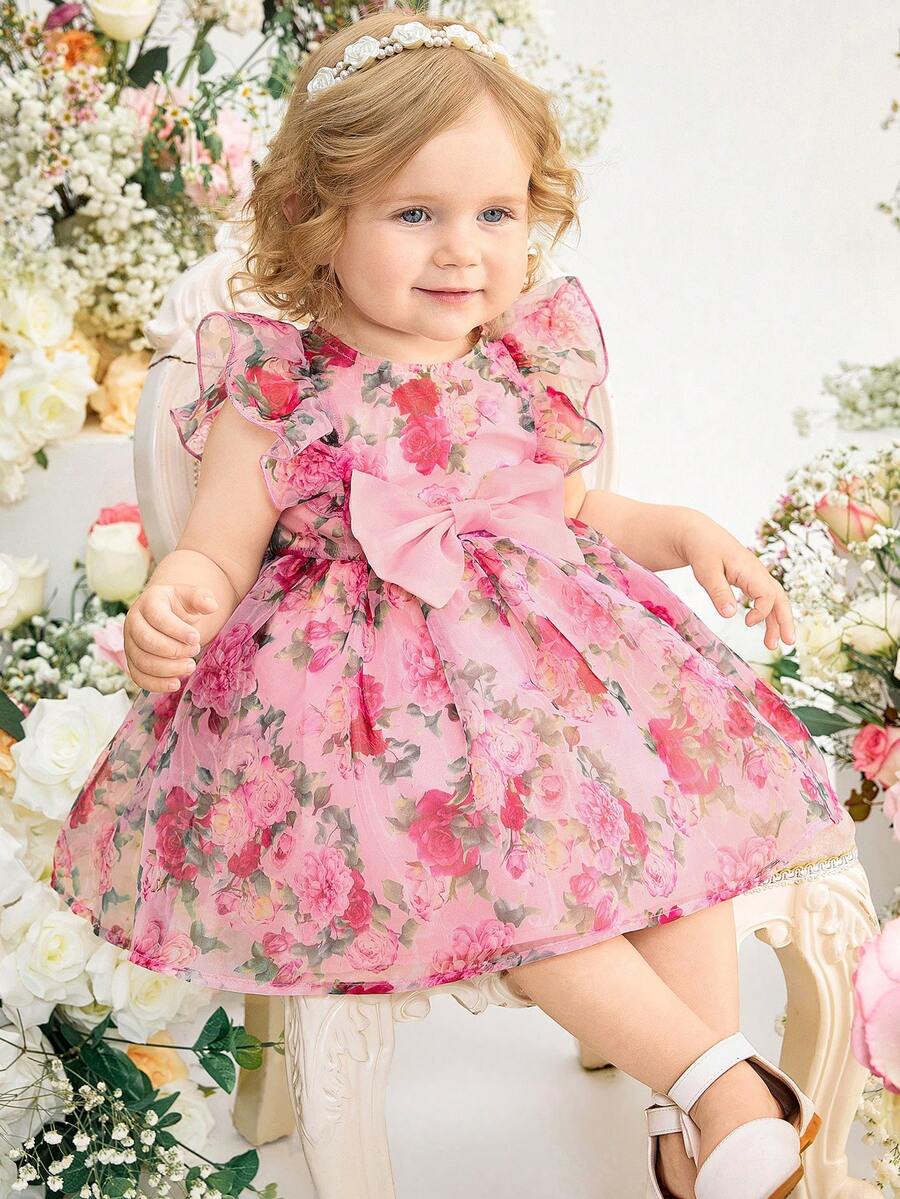 SHEIN Babygirl Elegant & Cute Pink Floral Print Organza Cap Sleeve Dress - Pink - View 1