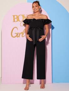 Loomaby Maternity Black And White Elegant Patchwork Ruffle Off Shoulder Wide Leg Jumpsuit,Summer Gender Reveal Baby Shower Dress,Spring Break Outfits Women - Black - View 5