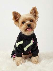 PETSIN 1件宠物狗/猫黑色爪印骨头图案抓绒连体衣，冬季保暖 - 彩色 - 查看 5