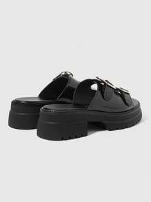 ROMWE Grunge Punk Giày sandal quai ngang phong cách Punk Rock Châu Âu & Mỹ dành cho nữ, khóa kim loại, sandal hở mũi kiểu La Mã, sandal đế xuồng phong cách Gothic cho kỳ nghỉ hè, Halloween. - Da sáng màu đen - Xem 4