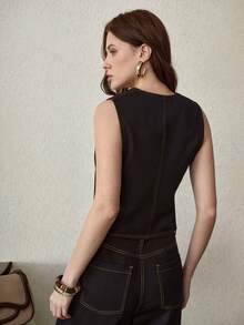 MOTF PREMIUM 撞色缝线拉链牛仔背心 - 深色水洗藍 - 查看 4