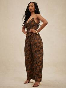 NYA SZN Bộ đồ gồm áo và quần: Áo cổ chữ V, quần ống loe rộng, cạp cao, dáng suông, thích hợp đi chơi, chất liệu gấm, họa tiết hoa, vàng ánh kim, màu nâu đen, phù hợp cho các dịp đặc biệt. - Nhiều màu - Xem 7