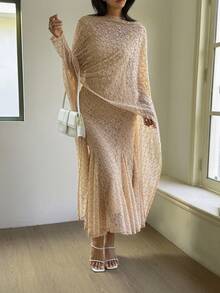 DAZY 女士优雅纯色纹理鱼尾下摆中长连衣裙，秋季婚礼宾客礼服 - 杏色 - 查看 8