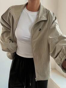 Livesso Women's Loose Waist Drawstring Collar Zipper Embroidery Slant Pocket Long Sleeve Jacket - Khaki - View 4