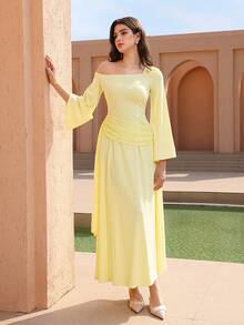 Graceveil Asymmetric One-Shoulder Lace Patchwork Waist Cinched Long Sleeve Midi Dress For Women - Pale Yellow - View 3