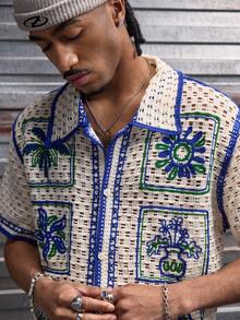 AXEPEAK Men's Vacation Palm Tree Pattern Hollow Out Short Sleeve Knit Cardigan - Multicolor - View 3