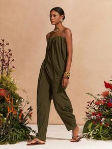 Zivah 2026春夏新款音乐节、复活节、圣帕特里克节、情人节、约会、西部风、游牧风、生日派对、毕业典礼、大学、波西米亚风、通勤、早午餐、机场、派对服装，吊带褶皱上衣口袋设计胡萝卜裤亚麻绿两件套 - 軍綠色 - 查看 7