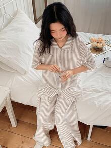 Dazy Kids Tween Girls' Dropped Shoulder Short Sleeve Front Button Striped Cardigan Loungewear - White - View 2