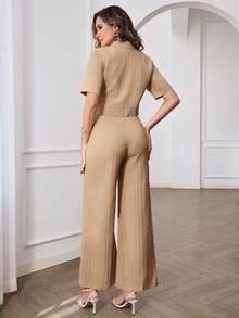 Miaspire 女士夏季休闲/办公纯色衬衫和裤子两件套，度假两件套，外出两件套 - 杏色 - 查看 2