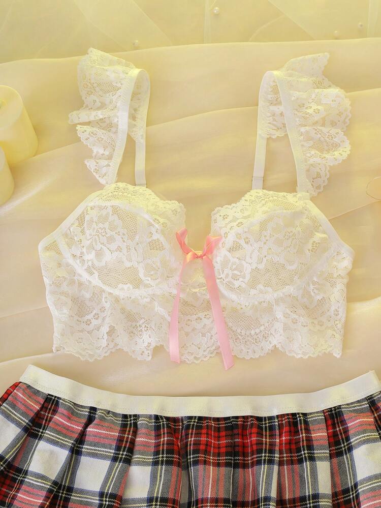 SHEIN 2pcs Christmas Student Plaid Open Crotch Contrast Color Bow Mesh Ruffle Floral Lace Sheer Romantic Party Music Festival Sexy Lingerie Set For Women - Multicolor - View 3