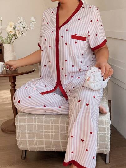 SHEIN Napfluff CURVE Heart & Stripe Print Colorblock Plus Size Short Sleeve Pajama Set For Women