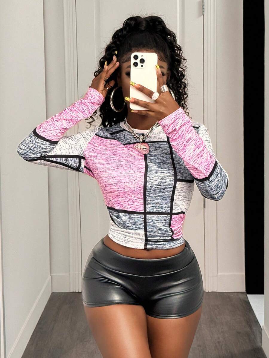 SHEIN LUNE Áo thun dài tay nữ - Áo thun thường ngày in họa tiết hình học thanh lịch, dài tay, cổ tròn - Nhiều màu - Xem 1