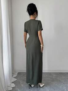 SHEIN 女士优雅纽扣装饰腰部开衩连衣裙，夏季 - 軍綠色 - 查看 2