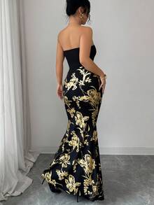 SHEIN Raffinéa 女士性感优雅无肩带连衣裙，饰有金属花卉图案和美人鱼裙摆 - 黑色 - 查看 3