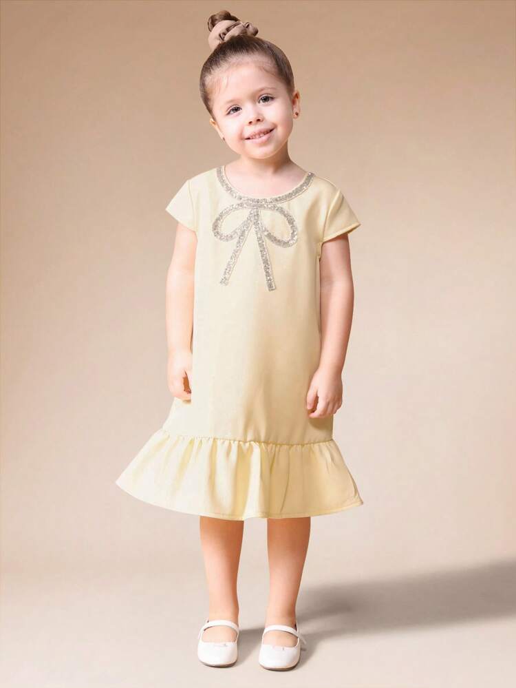 Bow Detail Drop Waist Ruffle Dress