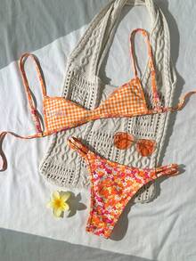 Swim Mod 夏季新款欧美甜美碎花撞色格纹双面两件式泳衣套装，配有抽绳，性感高衩比基尼下装，碎花撞色滚边带衬垫比基尼上装，适合海滩、泳池、生日派对等场合。 - 彩色 - 查看 5