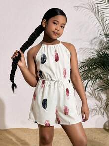 SHEIN SLAYR KIDS 女童碎花露背无袖休闲连体衣，度假风，时尚法式优雅，返校季 - 白色 - 查看 1