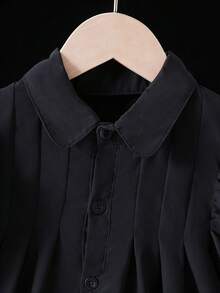 SHEIN 少女夏季时尚休闲生日派对泡泡短袖撞色蝴蝶结装饰连衣裙 - 黑色 - 查看 4