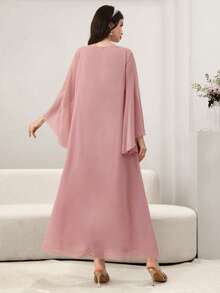 Yasmyna 女士春夏粉色雪纺长袖花卉刺绣优雅土耳其和阿拉伯传统长裙 - 粉色 - 查看 2