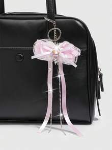 ROMWE 1Pc Kawaii Pink Heart Keychain For Girls, A Bowknot Ribbon Lace Heart Bag Pendant, A Mobile Phone Pendant, A Valentine's Day,, And Holiday Gift. - Pink - View 1