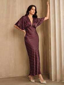Anewsta Đầm màu đỏ tía dáng ôm, cổ chữ V, eo cao, vai xếp ly kiểu Pháp, phù hợp cho khách dự đám cưới, mùa hè, mùa xuân, đi chơi, thanh lịch, dự tiệc, sang trọng, năm mới, lễ tình nhân, lễ hội, chấm bi. - Màu Đỏ Sâu - Xem 6