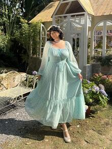 Lyrianda Robe longue à manches longues, à l'épaule dénudée, en mousseline de soie à fleurs, pour femmes grandes tailles - Multicolore - Voir 6