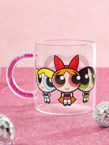 THE POWERPUFF GIRLS X SHEIN 1Pc 17.6oz/520ml Cute Cartoon Pattern Printed Shiny Handle Decorative Borosilicate Glass Mug, Cold And Heat Resistant, Suitable For Milk, Juice, Coffee, Etc., Love, Bubbles, Blossom, Buttercup,Gift Ideas - 無色 - 查看 4