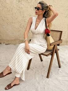 SHEIN Frenchy Sleeveless Striped V Neck Jumpsuit For Women – Summer Casual Wide Leg One Piece Women's Summer Casual Striped Deep V-Neck Wide Leg Jumpsuit,Summer ,Spring,Festival,Party , Birthday,Beach,Vacation,Casual,Wedding,Graduation, Going Out, Elegant, - Apricot - View 7