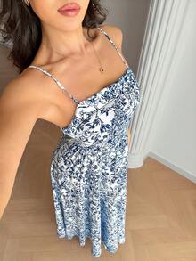 Rafferiza 女士新款束腰吊带露背蓝白瓷白碎花连衣裙，时尚优雅休闲度假长裙，蓝色长款连衣裙，女士吊带连衣裙，夏季长裙，蓝色碎花长裙，蓝色碎花连衣裙，女士长裙，休闲长裙，夏季长裙，度假女士碎花连衣裙，女士长款连衣裙，印花连衣裙，吊带连衣裙，长款碎花连衣裙，女士夏季连衣裙，女士休闲长裙，女士长款吊带连衣裙 - 藍色 - 查看 6