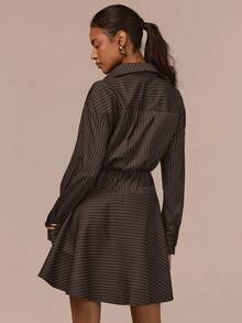 COSMINA 女士休闲条纹印花束腰衬衫裙，适合春秋季穿着，可用于购物和通勤，优雅衬衫裙，长袖连衣裙，春秋季连衣裙，棕色条纹连衣裙 - 棕色 - 查看 5