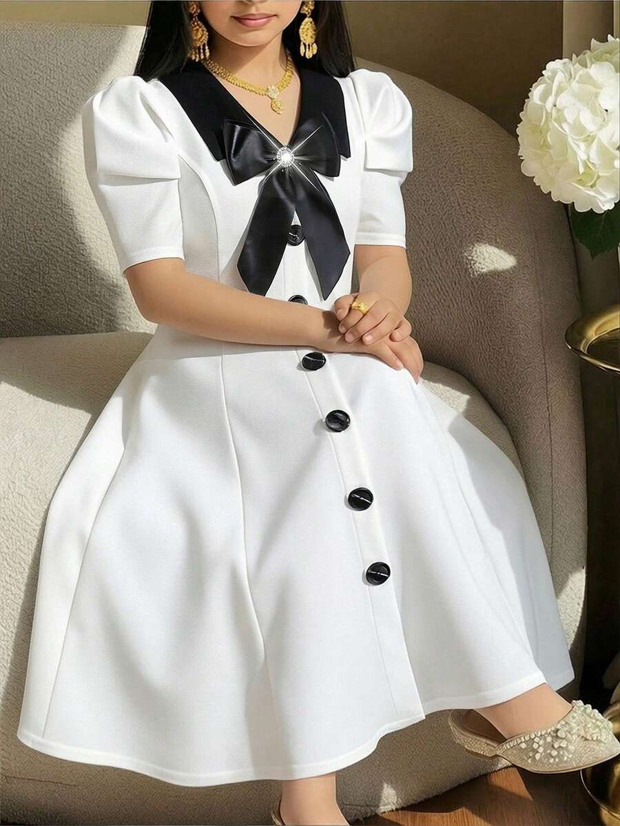 SHEIN 少女优雅翻领撞色羊腿袖连衣裙 - 白色 - 查看 1