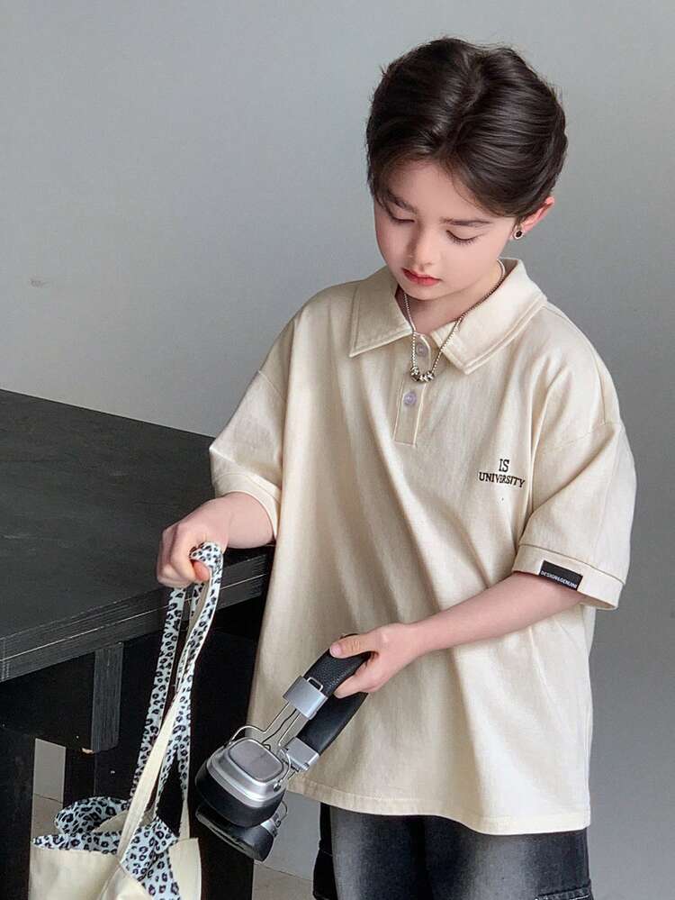 Tween Boy Letter Print Drop Shoulder Loose Fit Polo Collar T-Shirt Summer