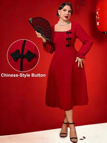 SHEIN Clasi 女士纯色中国风撞色纽扣长袖连衣裙，适合节日和新年穿着 - 紅色 - 查看 1