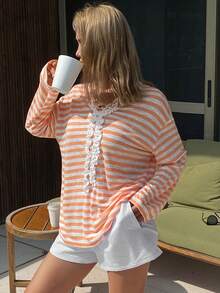 DAZY Conjunto de pijama para mujer con top holgado de rayas con volantes de color contrastante y shorts blancos - Naranja - Ver 6