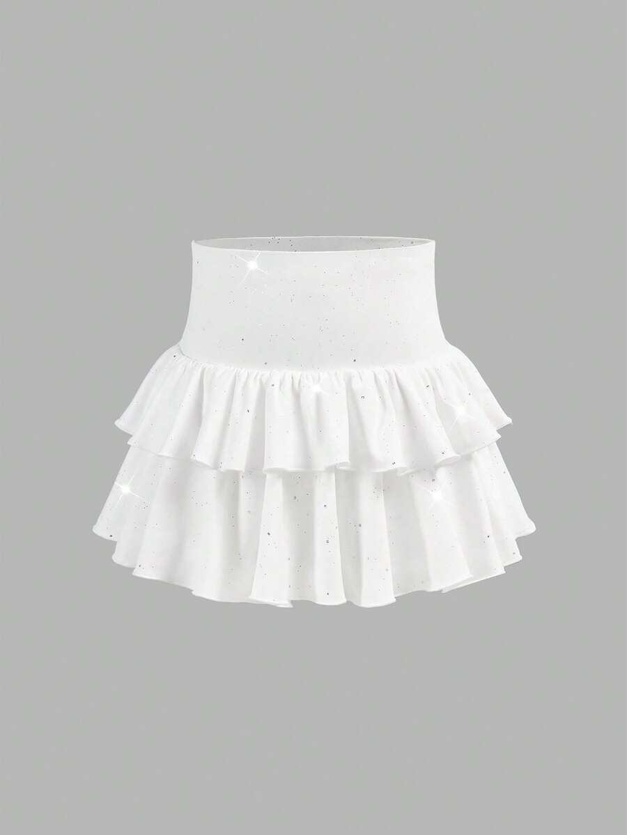 SHEIN 少女裙装 - 瑜伽、打底裤、休闲、运动、上学、返校、黑色衬裙双层荷叶边蛋糕裙迷你裙、春夏、清爽、基础款、日常、百搭、夏季运动时尚、返校季、校服 - 白色 - 查看 1