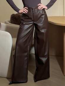 Abrilcols 女式纯色PU皮革口袋宽腿宽松裤 - 棕色 - 查看 3