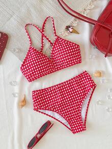 SHEIN Bộ bikini cho bé gái tuổi teen, đồ bơi kẻ caro đỏ trắng, đồ bơi thường ngày dễ thương, nhiều màu sắc, thời trang cho mùa hè. - Đỏ - Xem 2